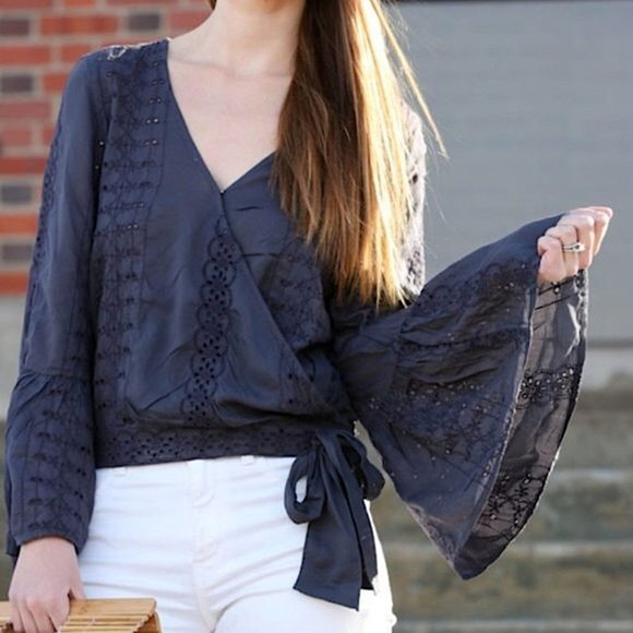 American Eagle Outfitters Tops - 𝅺american Eagle Eyelet Crop Top Bell Sleeve Wrap Blouse